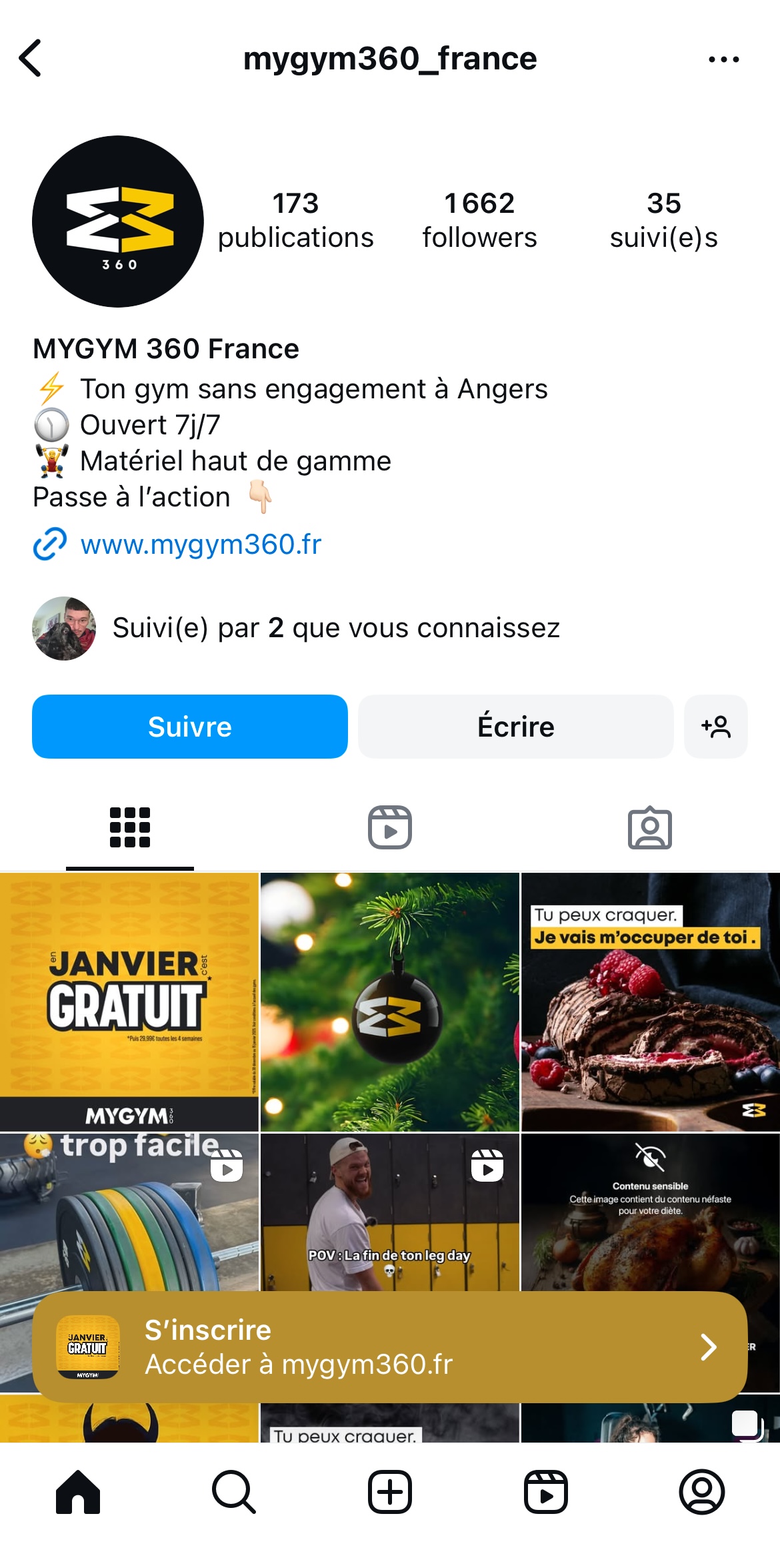 Page Instagram d'une salle de sport