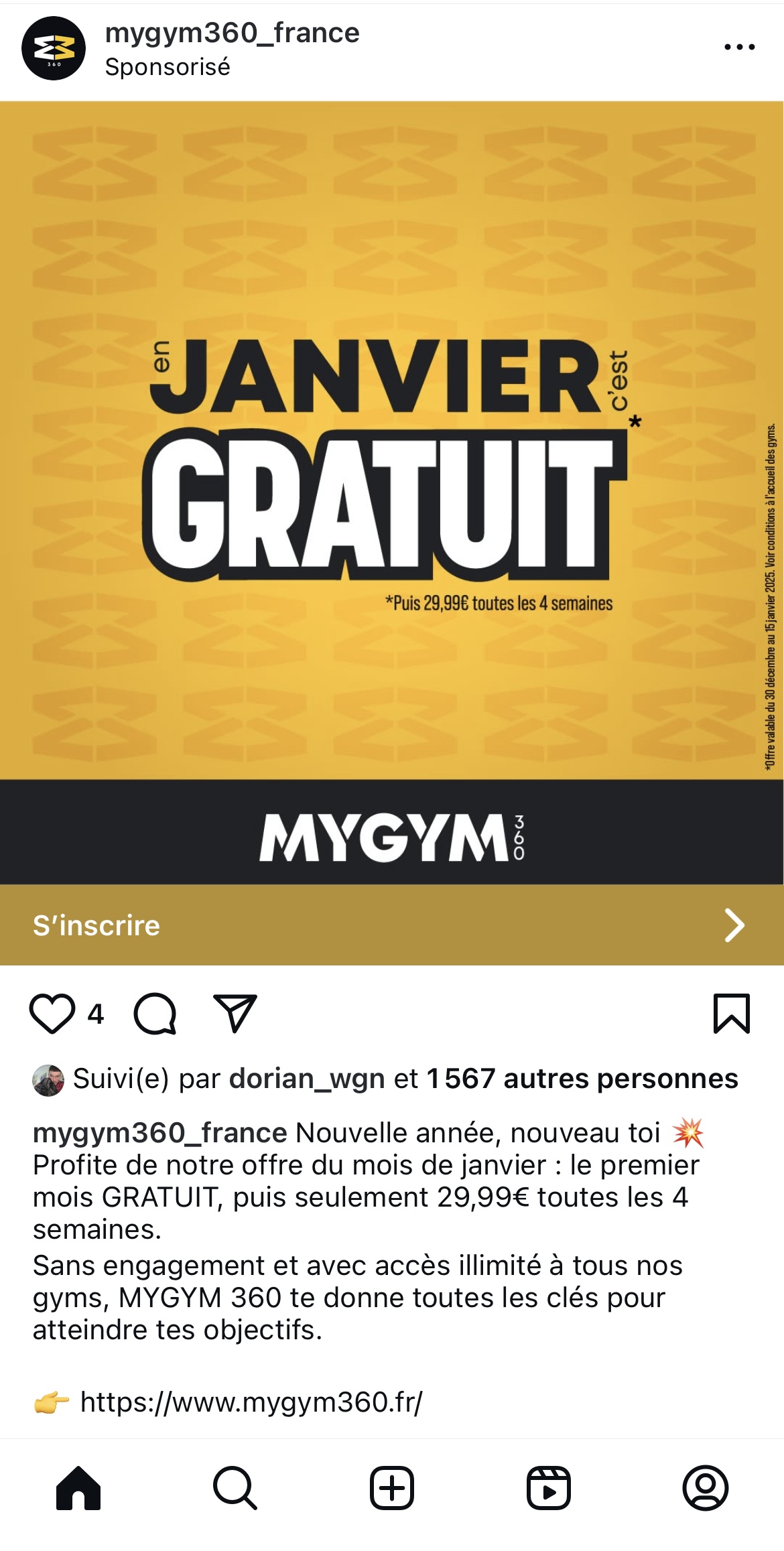 Publicité Instagram d'une salle de sport