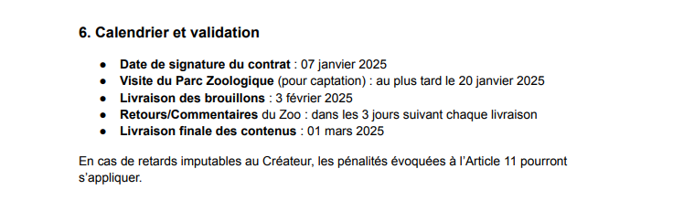 Calendrier des dates de livraison d'un contrat UGC