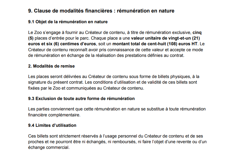 Clause de modalité financière d'un contrat UGC