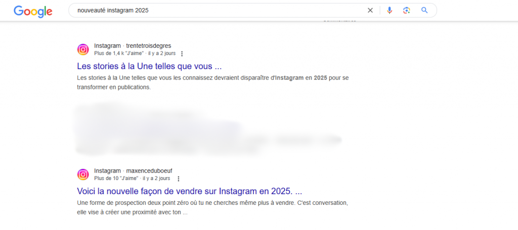 Recherche Google qui propose des liens vers Instagram