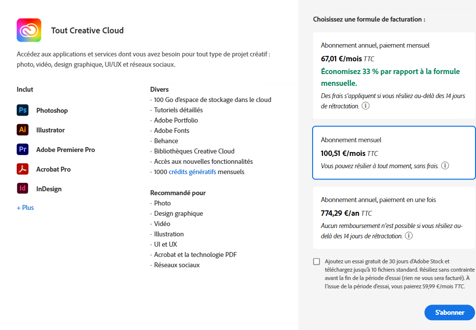 Tarifs abonnement suite Adobe