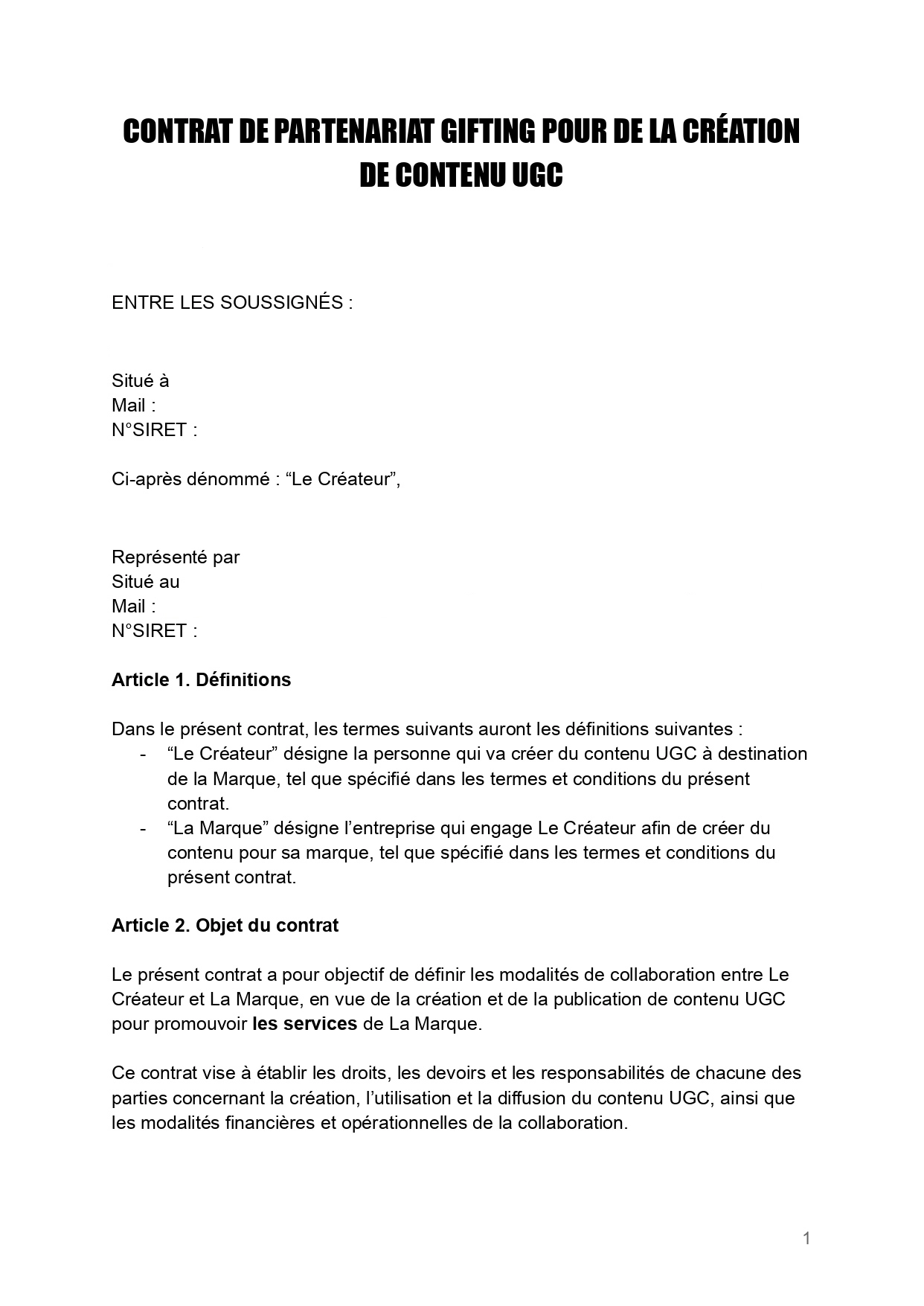 Exemple de contrat de collaboration d'une agence UGC